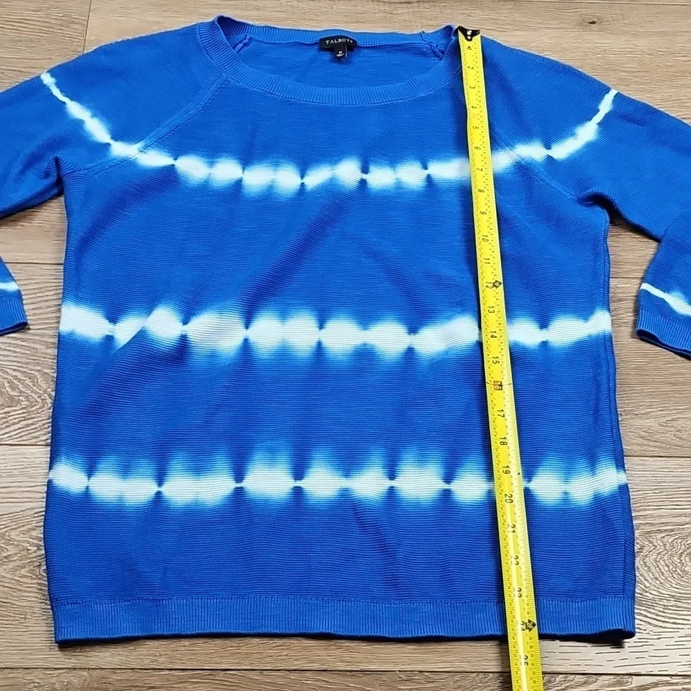 Talbots 100% Cotton Knit Blue White Tie Dye Crewneck 3/4 Sleeve Pullover Sweater